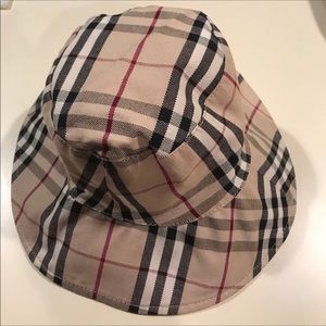 Burberry Beige Black White Plaid Bucket Hat with Red Accents